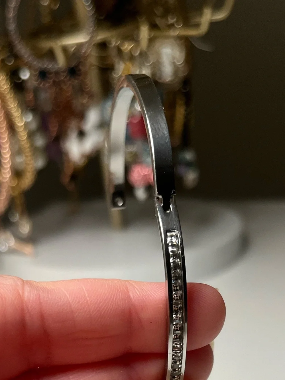 Silver Tone Rhinestone Hinged Bangle Bracelet